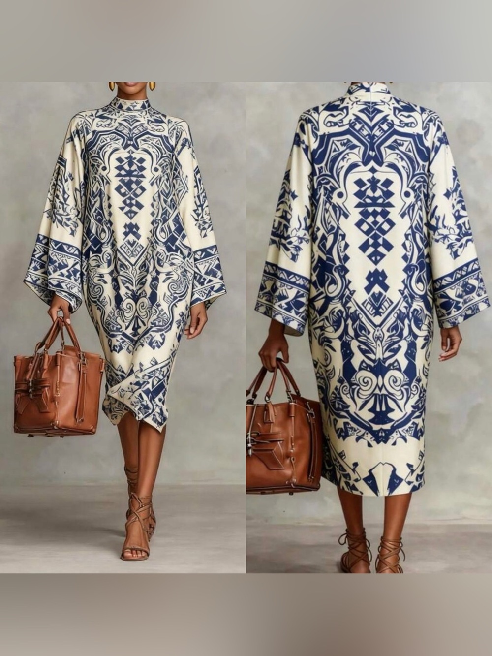 Navy and Cream Tile-Print Midi Dress